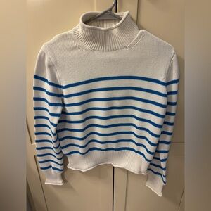 J. Crew White and Blue Striped Turtleneck Sweater